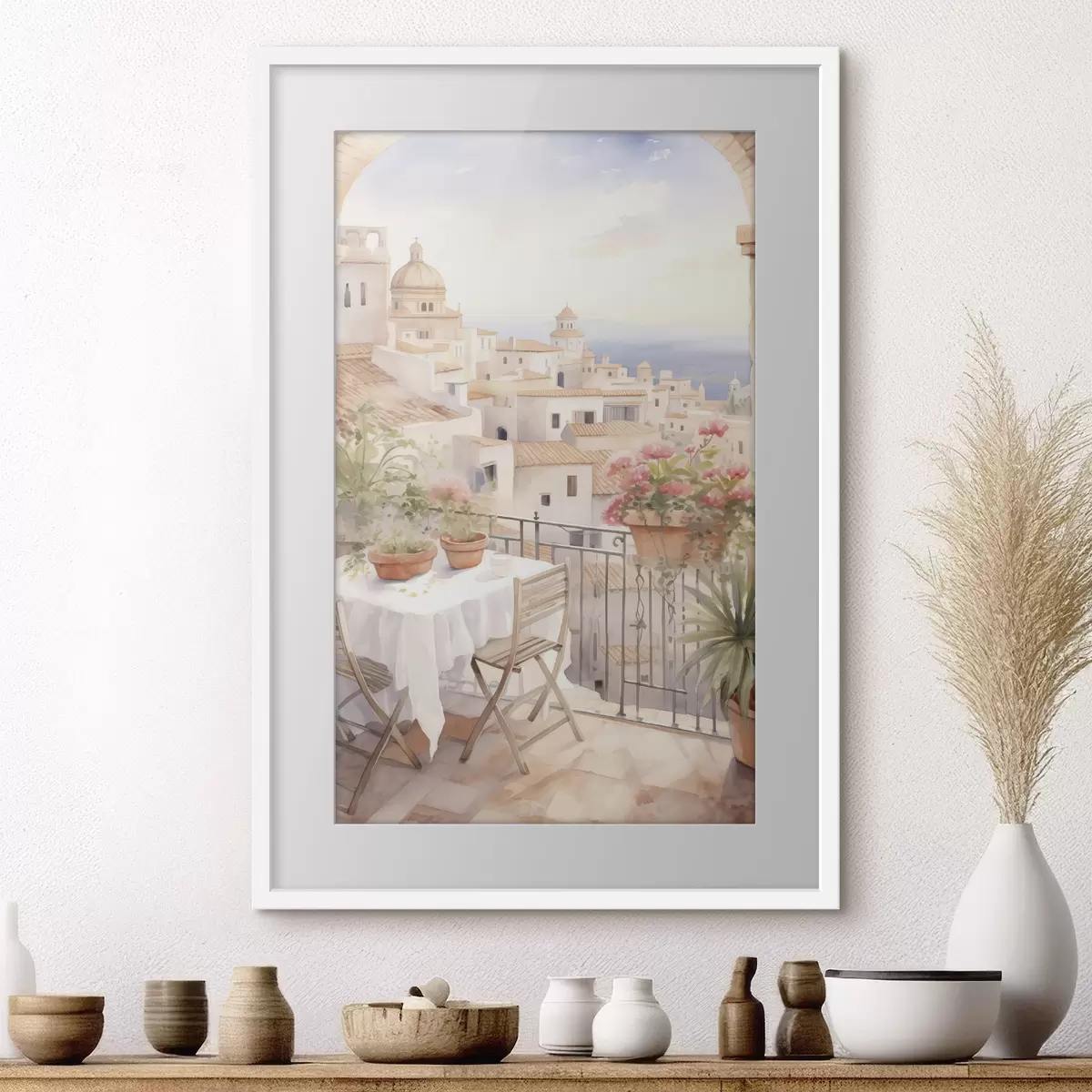 Poster Sonnenuntergang auf dem Balkon, Italien, Architektur, blühende Blumen, Aquarellstil f43184