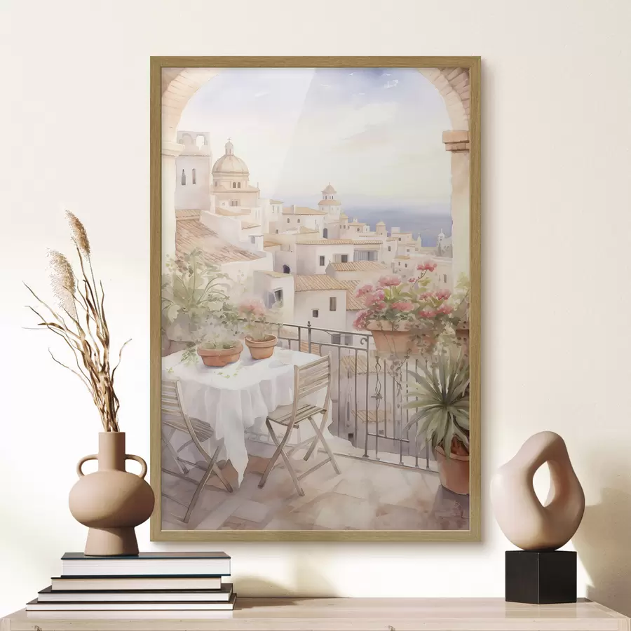 Fototapete Sonnenuntergang auf dem Balkon, Italien, Architektur, blühende Blumen, Aquarellstil f43184