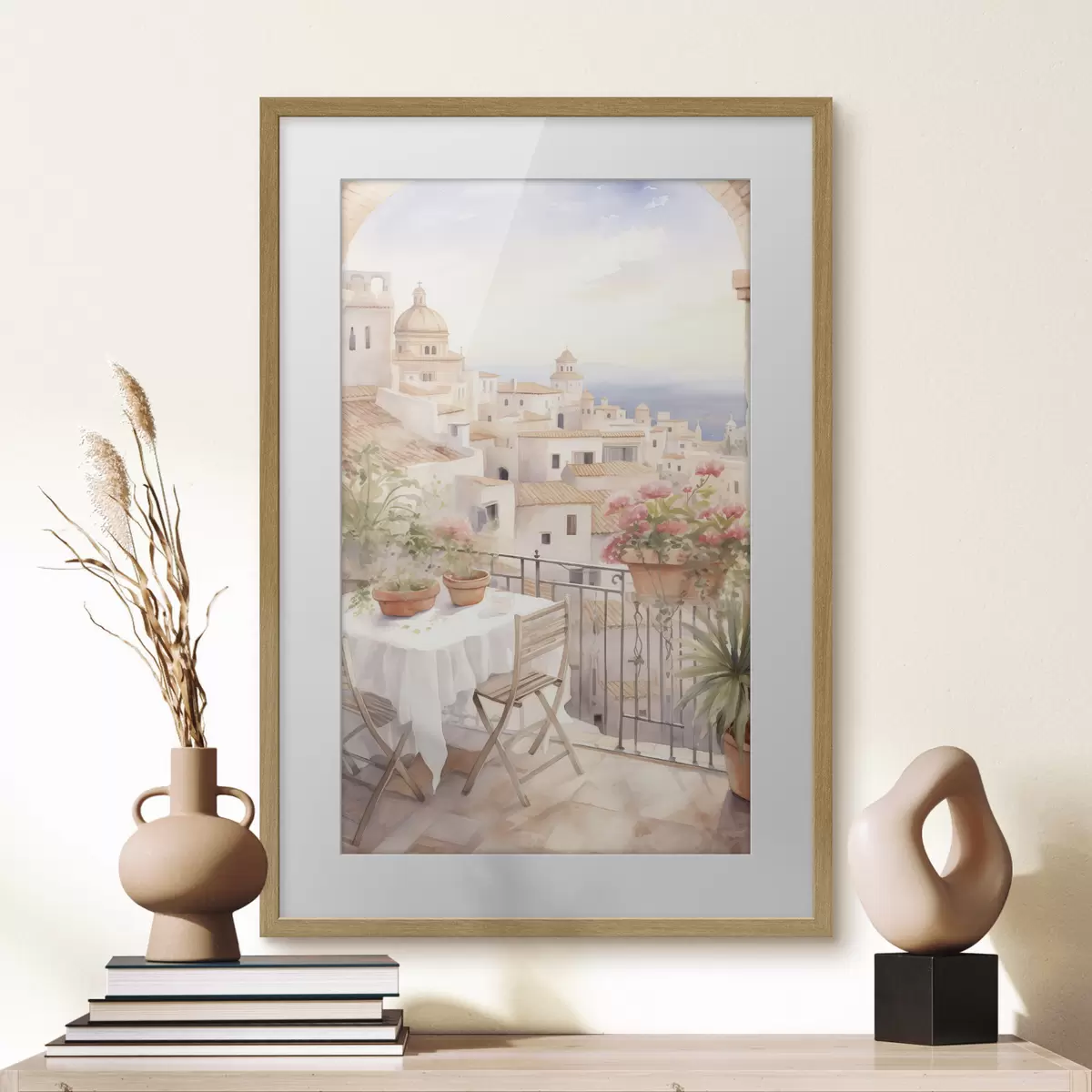 Poster Sonnenuntergang auf dem Balkon, Italien, Architektur, blühende Blumen, Aquarellstil f43184