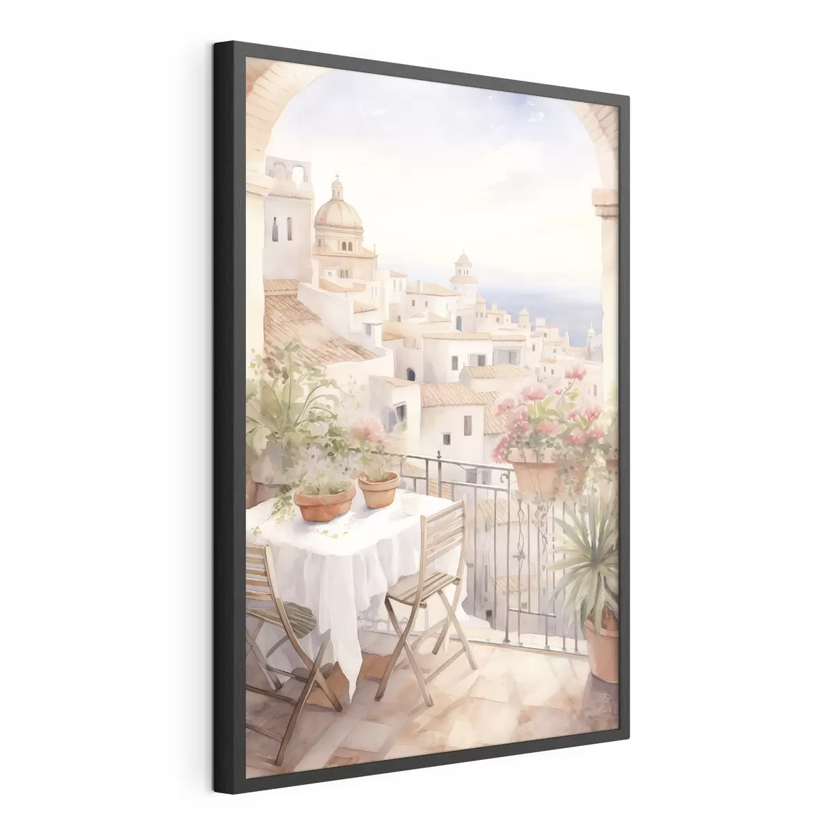 Poster Sonnenuntergang auf dem Balkon, Italien, Architektur, blühende Blumen, Aquarellstil f43184