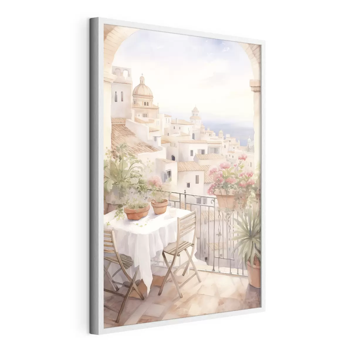Poster Sonnenuntergang auf dem Balkon, Italien, Architektur, blühende Blumen, Aquarellstil f43184