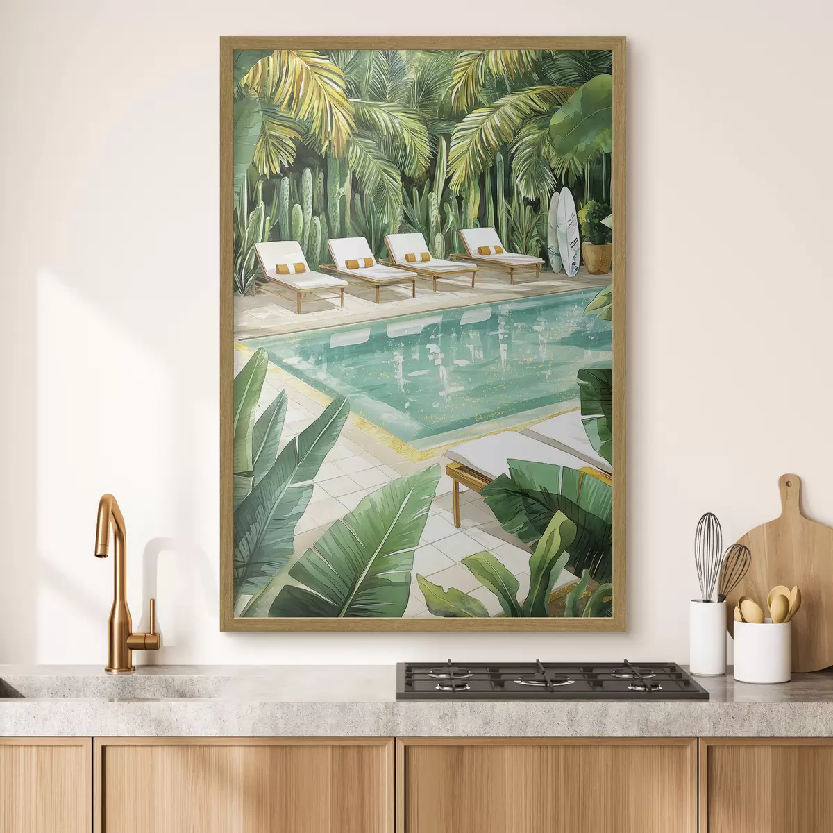 Poster Tropische Natur, Garten, Sommerpool, Surfen, Aquarellstil f43190