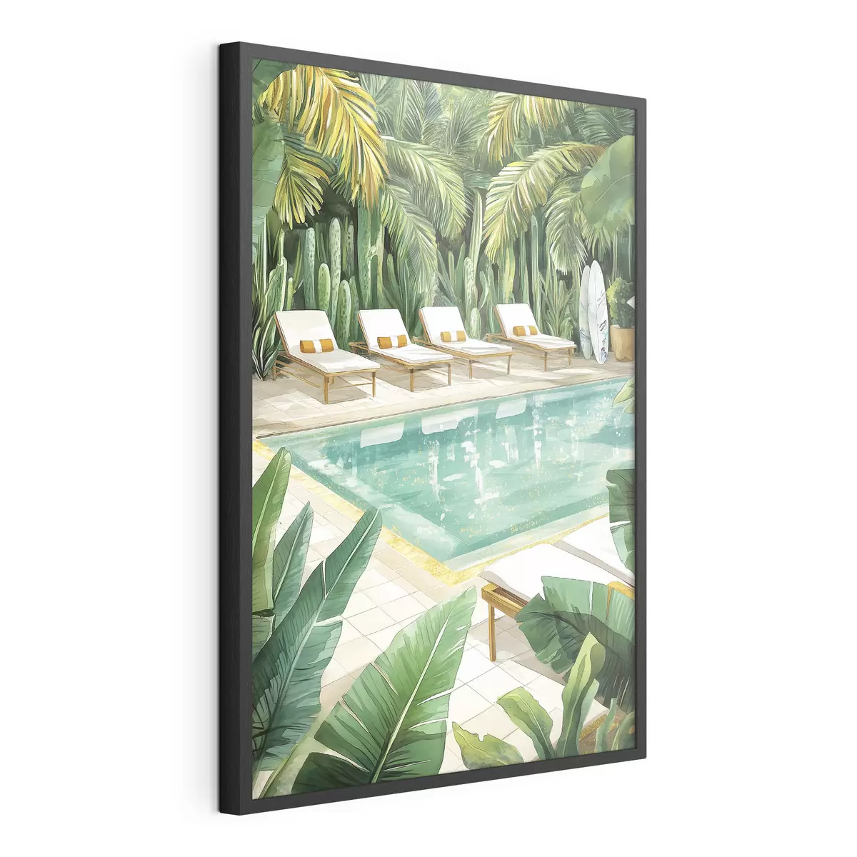 Poster Tropische Natur, Garten, Sommerpool, Surfen, Aquarellstil f43190