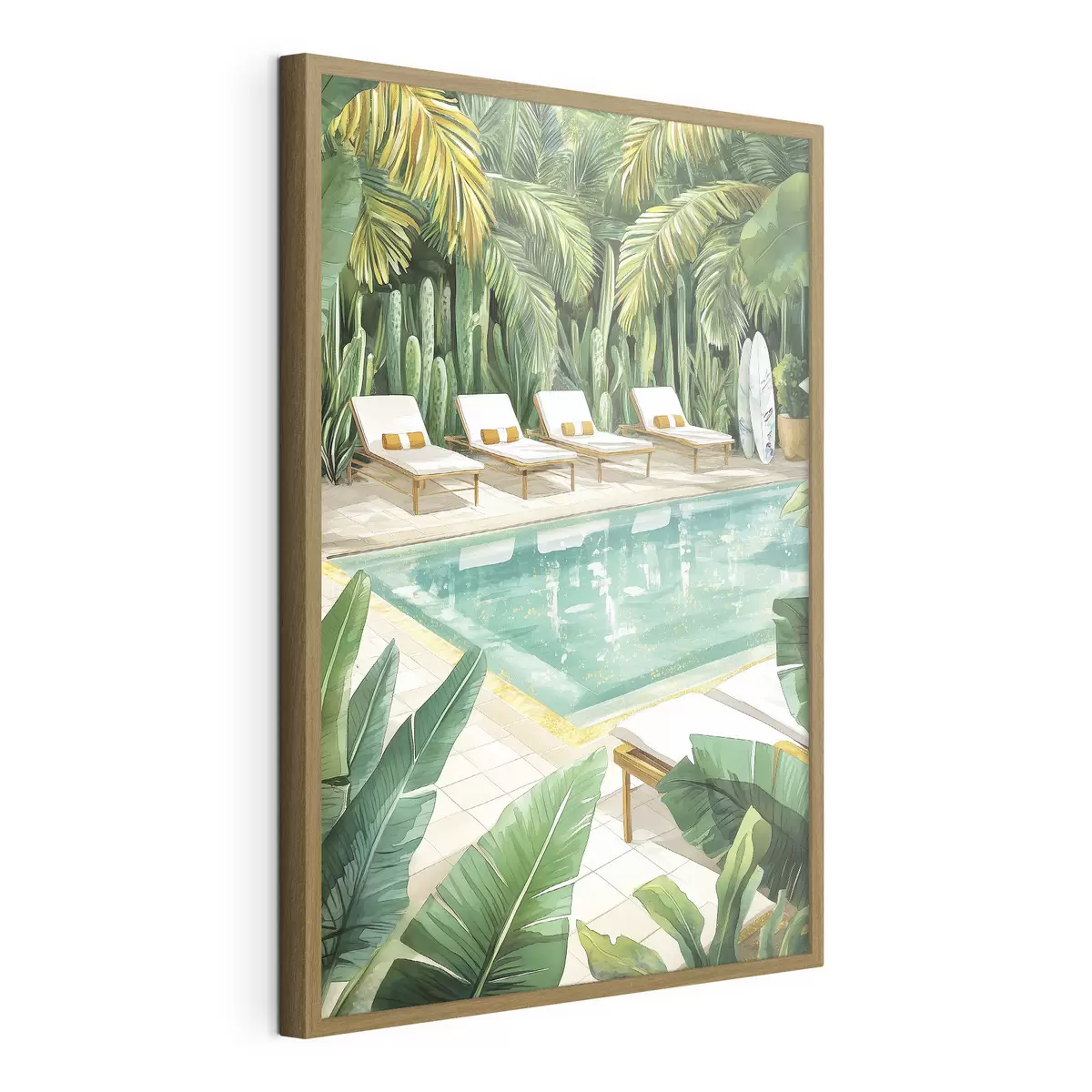 Poster Tropische Natur, Garten, Sommerpool, Surfen, Aquarellstil f43190
