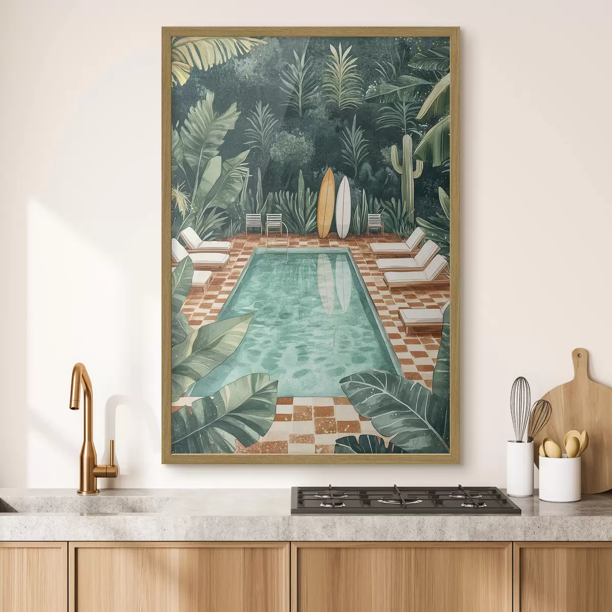 Poster Vintage-Sommer-Pool, tropischer Wald, Grünzeug, Palmen, Aquarell-Stil f43191