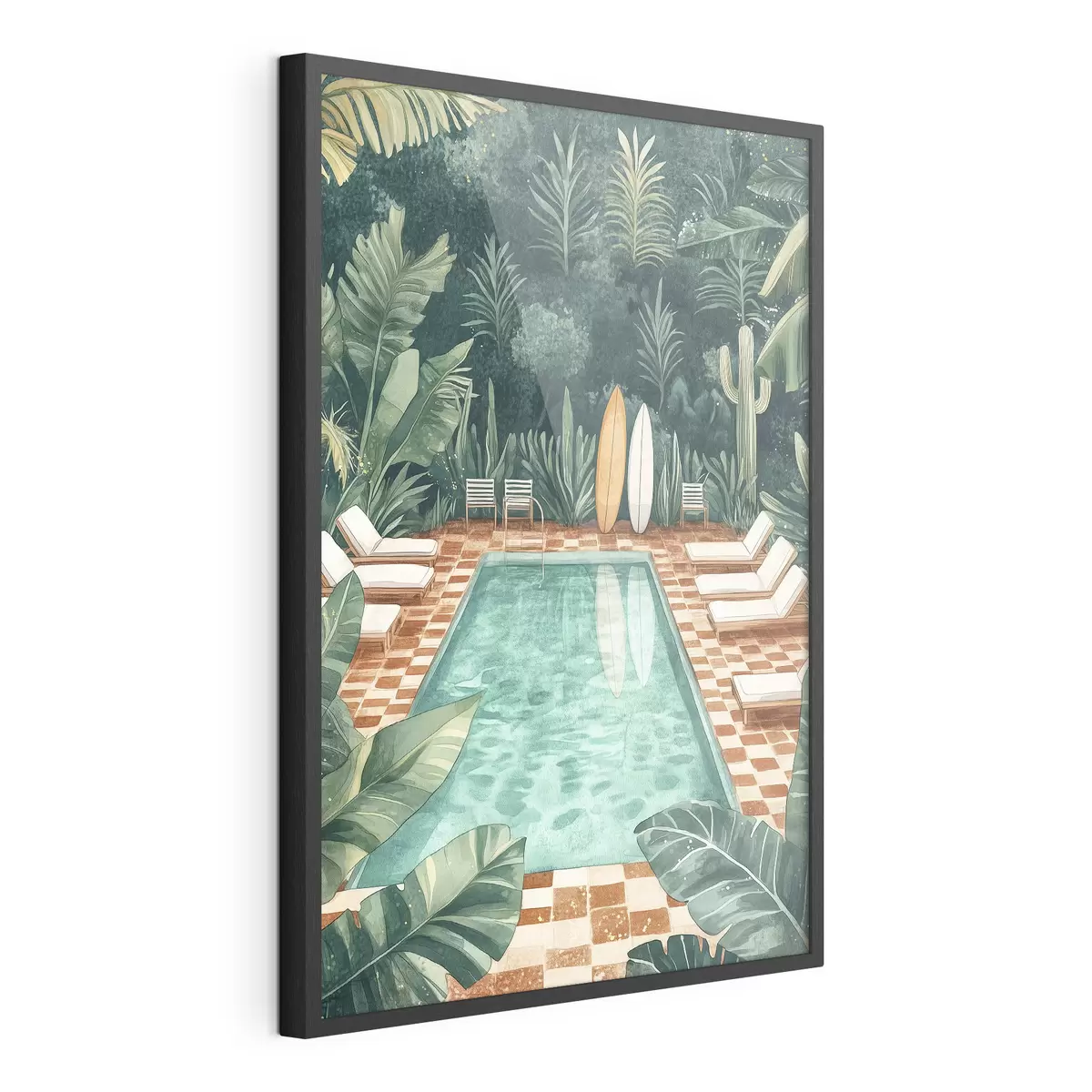 Poster Vintage-Sommer-Pool, tropischer Wald, Grünzeug, Palmen, Aquarell-Stil f43191