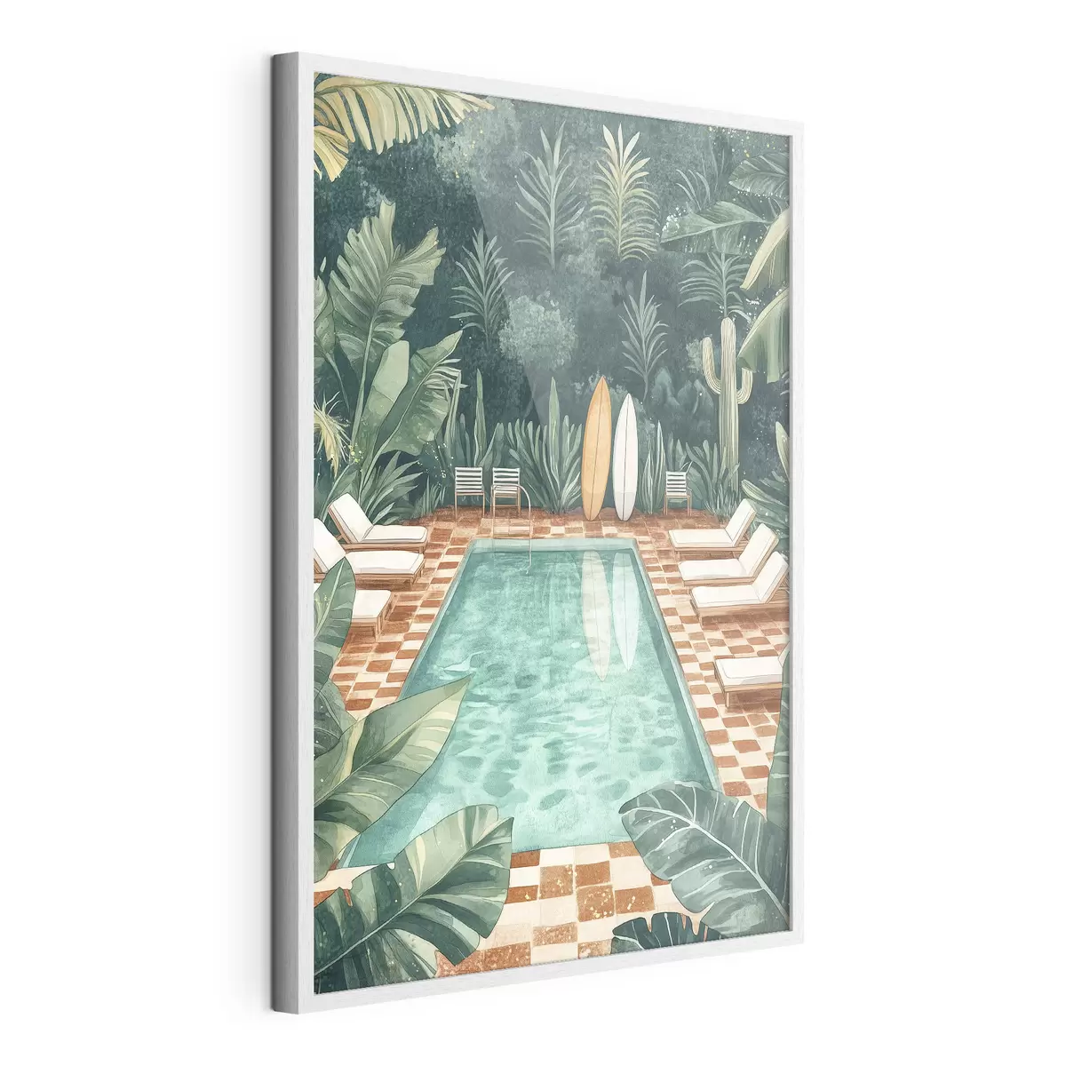 Poster Vintage-Sommer-Pool, tropischer Wald, Grünzeug, Palmen, Aquarell-Stil f43191