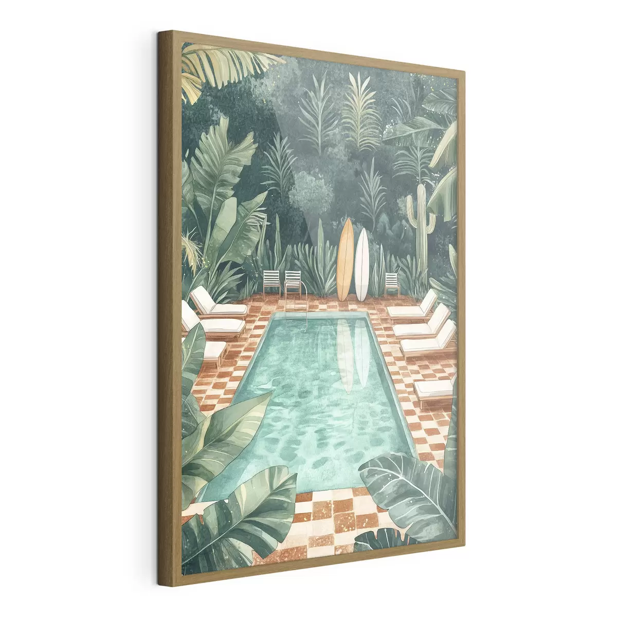 Poster Vintage-Sommer-Pool, tropischer Wald, Grünzeug, Palmen, Aquarell-Stil f43191