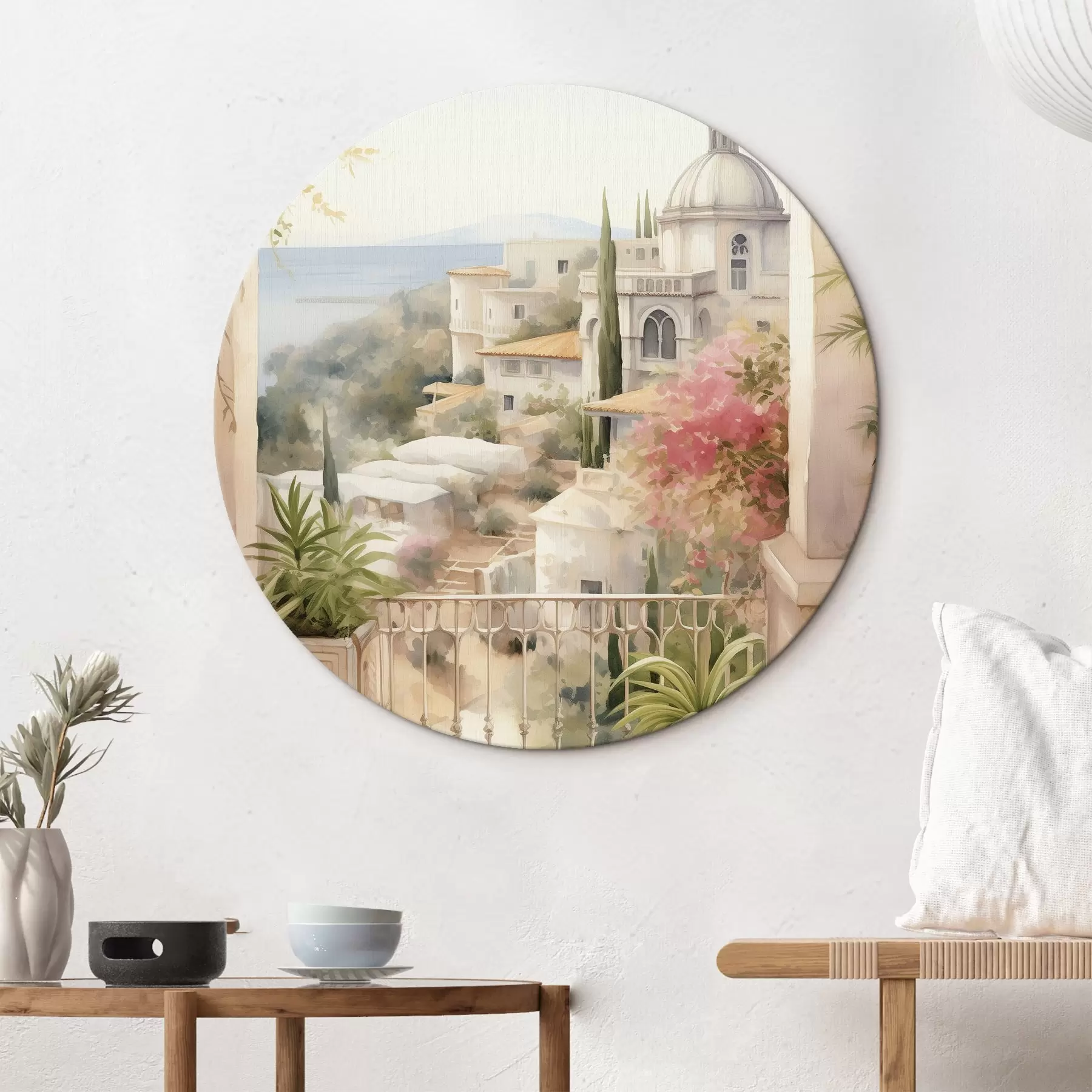 Fototapete Spanien Sommerlandschaft, mediterrane Architektur, Aquarellstil r43181