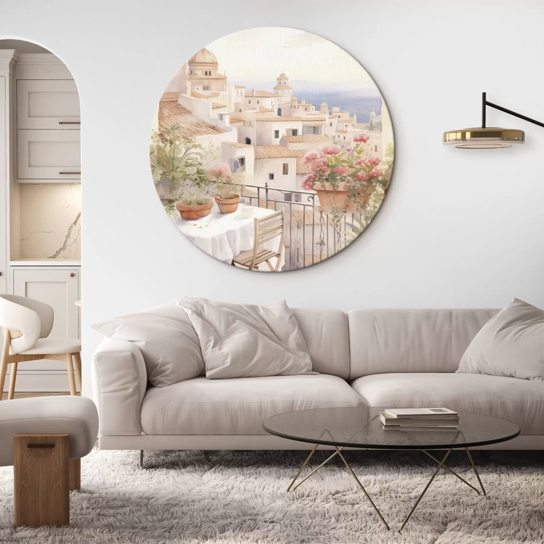 Fototapete Sonnenuntergang auf dem Balkon, Italien, Architektur, blühende Blumen, Aquarellstil r43184