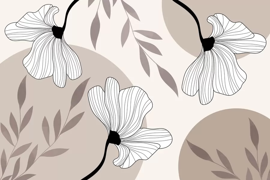 Fototapete Abstraktion mit Blumen und Blättern in Beigetönen w03328