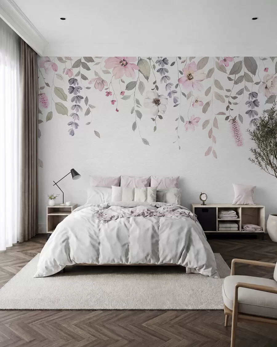 Fototapete Hängende Aquarellblumen und Blätter w03315