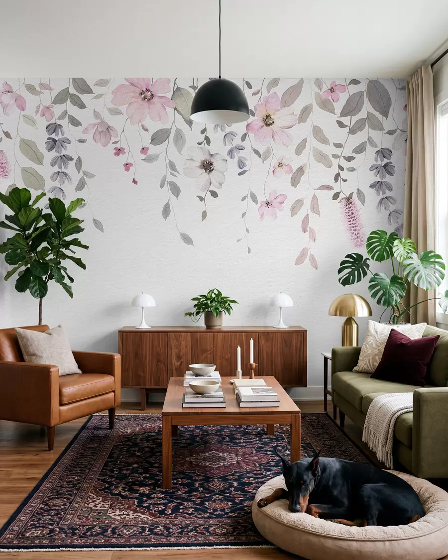 Fototapete Hängende Aquarellblumen und Blätter w03315