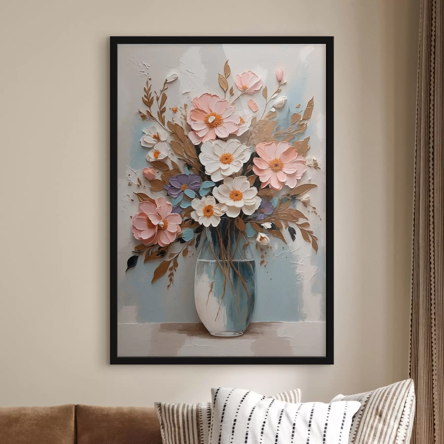 Fototapete Rosa und weiße Blumen in einer transparenten Vase f43089