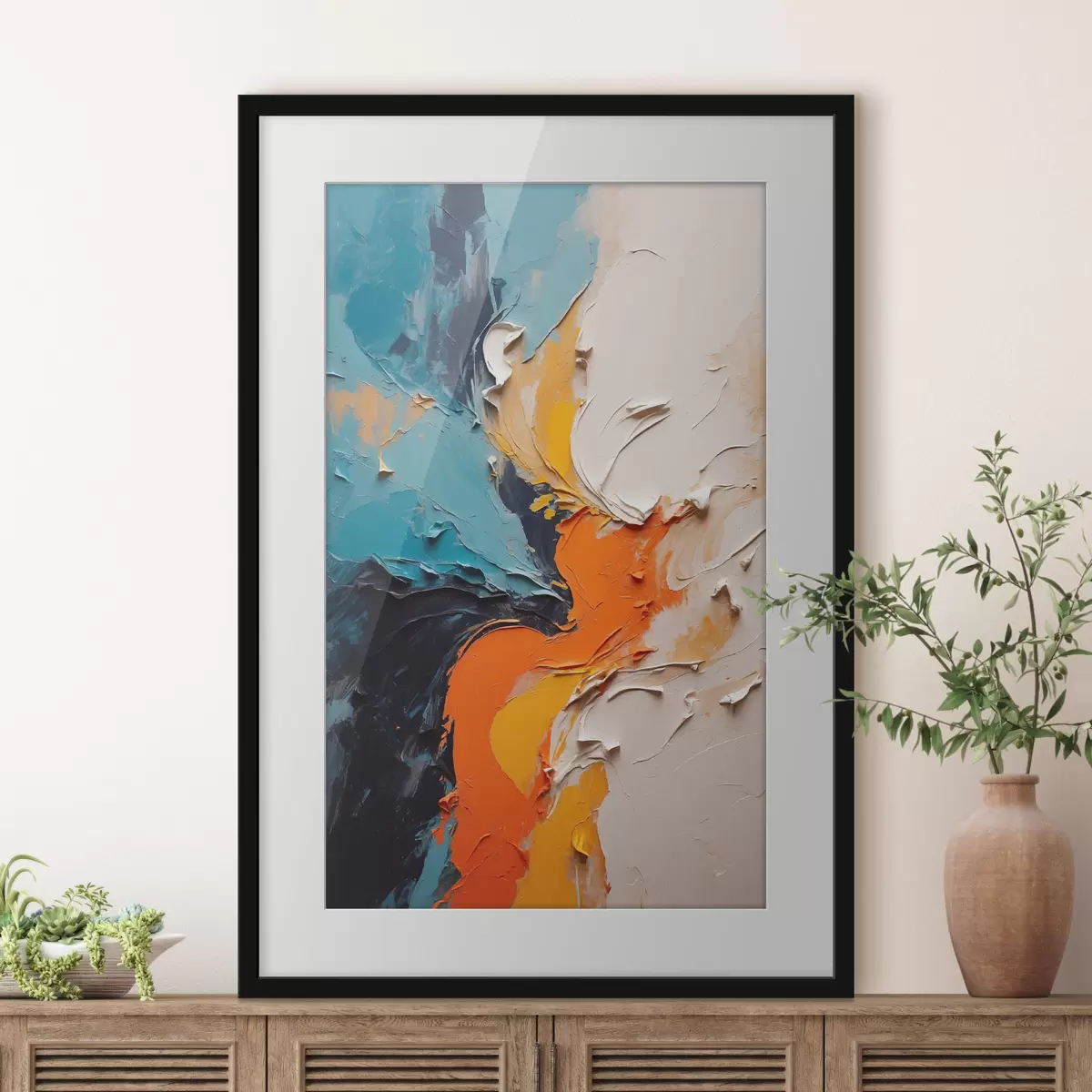 Poster Abstrakte Malerei in Ölmalerei Stil mit orange, blau und weißen Farben f43094