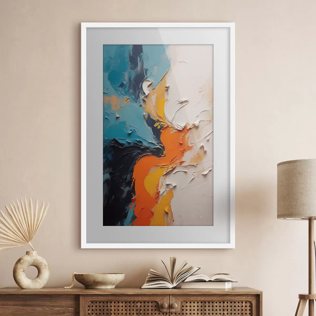 Poster Abstrakte Malerei in Ölmalerei Stil mit orange, blau und weißen Farben f43094