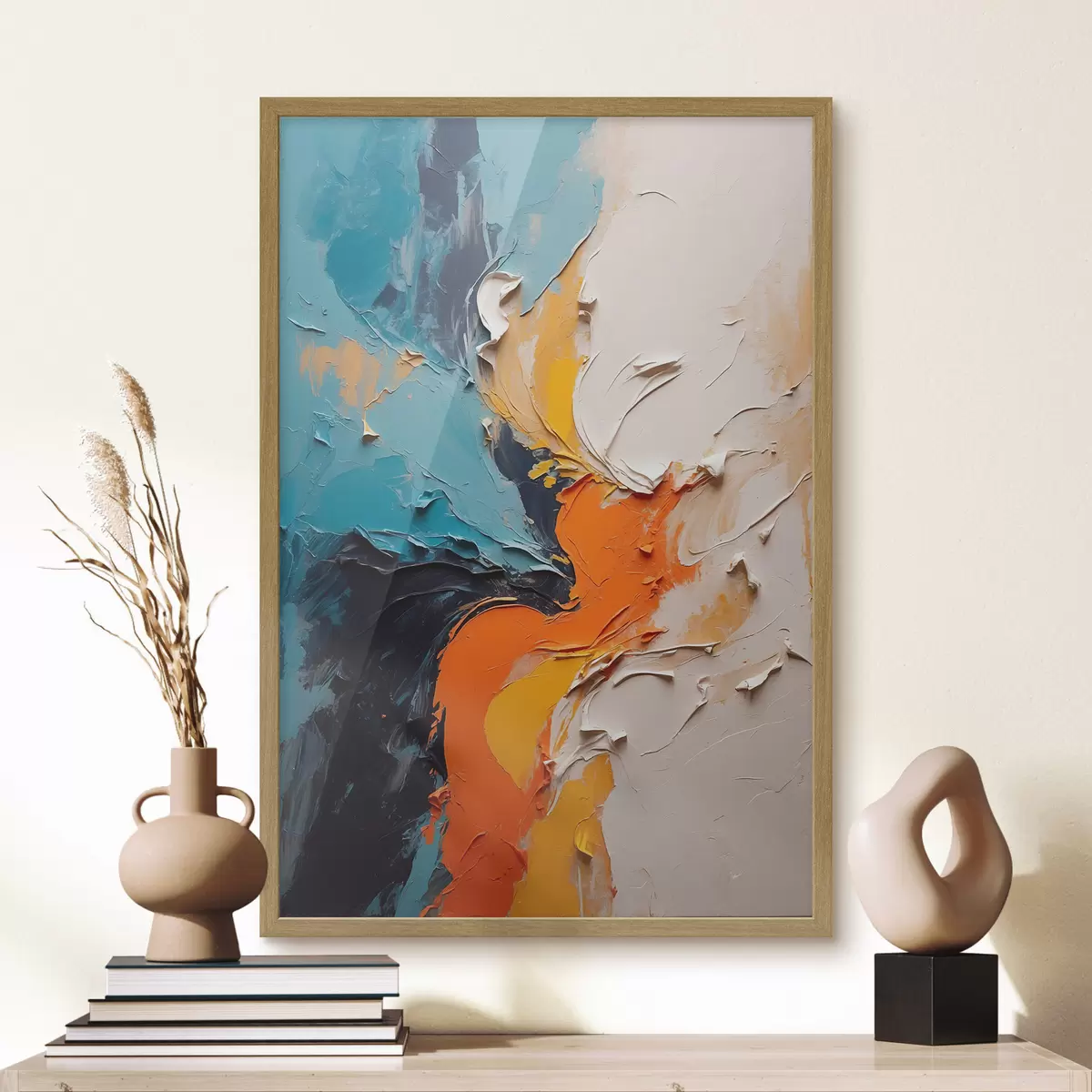 Poster Abstrakte Malerei in Ölmalerei Stil mit orange, blau und weißen Farben f43094