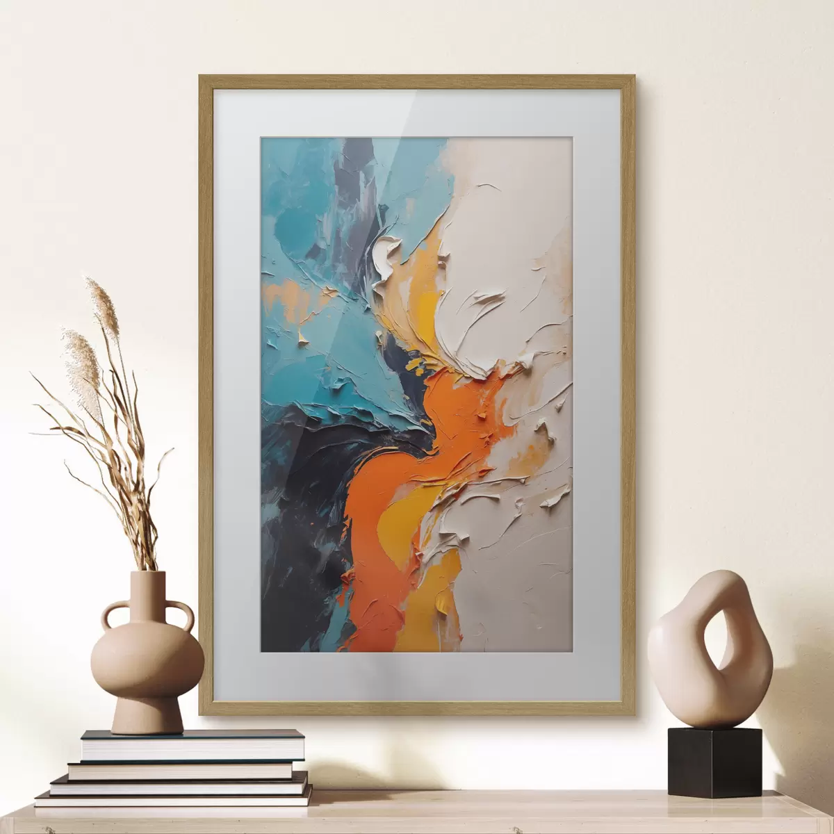 Poster Abstrakte Malerei in Ölmalerei Stil mit orange, blau und weißen Farben f43094