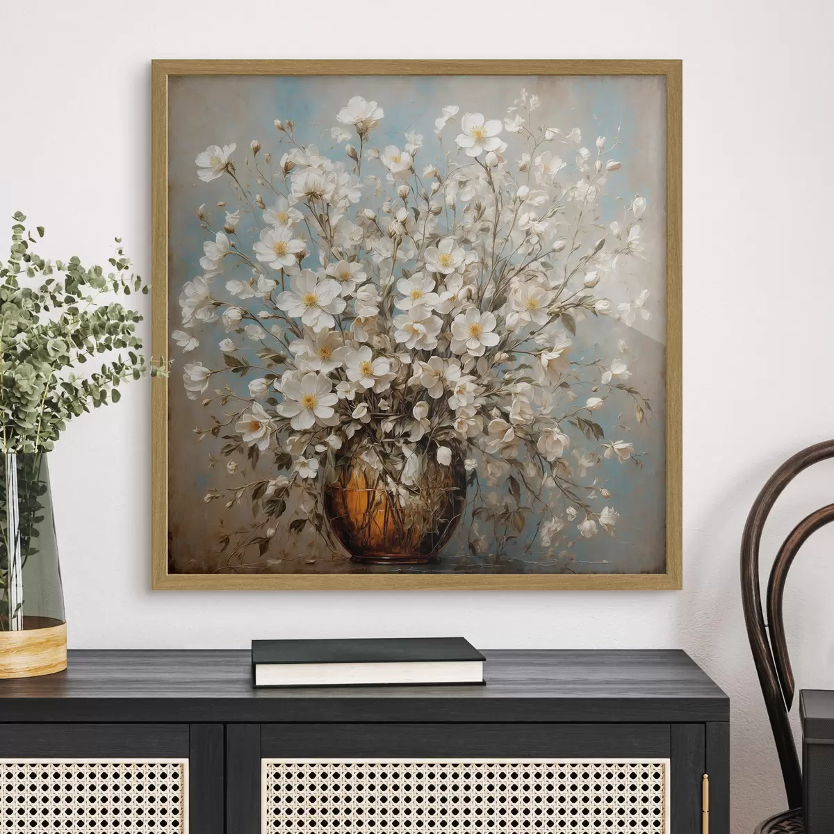 Poster Weiße Blumen in Vase auf Acryl-Hintergrund f43107