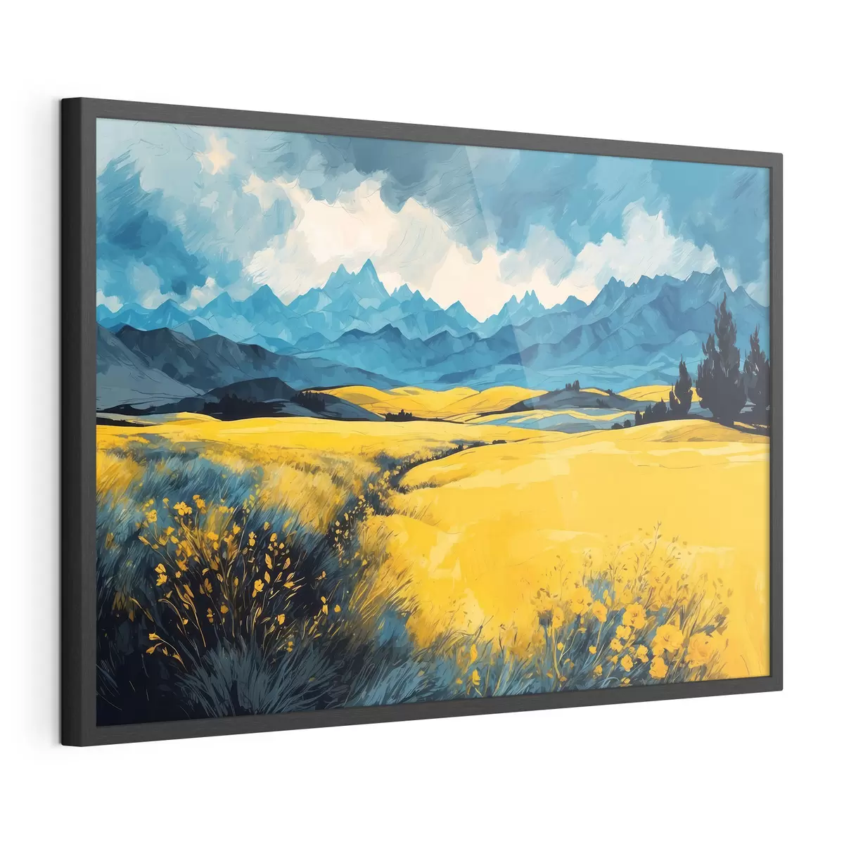 Poster Gelbes Feld auf dem Hintergrund der Berge in Aquarellmalerei Stil f43117
