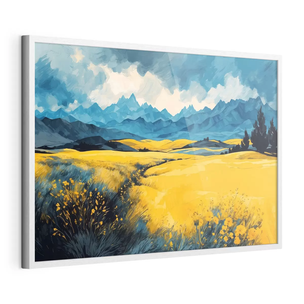 Poster Gelbes Feld auf dem Hintergrund der Berge in Aquarellmalerei Stil f43117