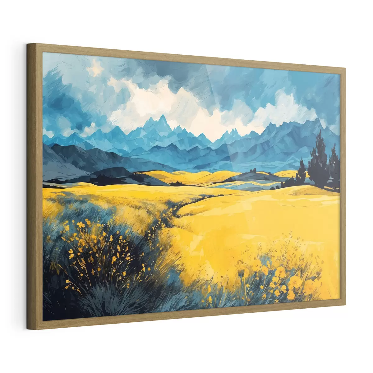 Poster Gelbes Feld auf dem Hintergrund der Berge in Aquarellmalerei Stil f43117