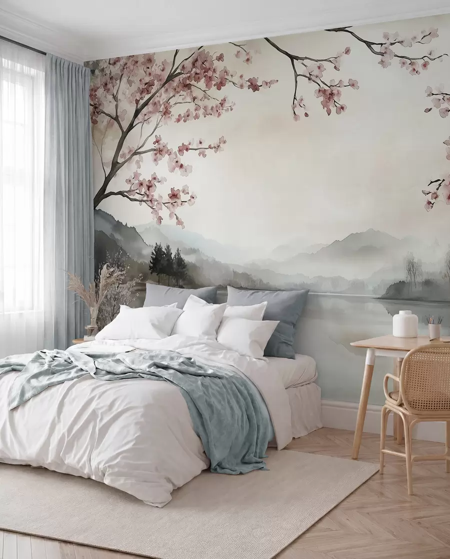 Fototapete ruhige Aquarelllandschaft mit einem See und einem blühenden Baum w03282
