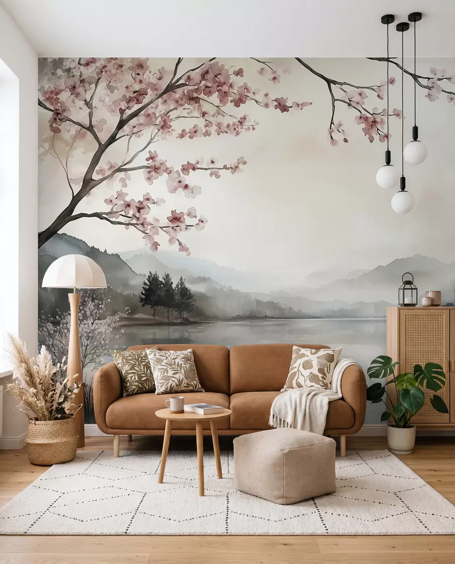Fototapete ruhige Aquarelllandschaft mit einem See und einem blühenden Baum w03282