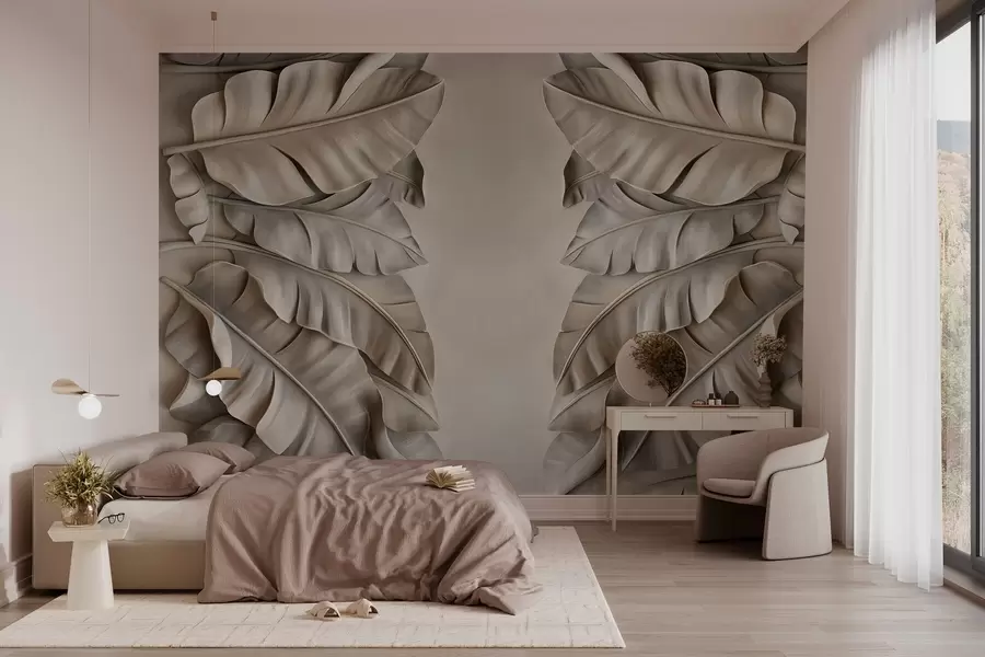 Fototapete nachahmung eines Flachreliefs mit tropischen Blättern in Beigetönen w03285