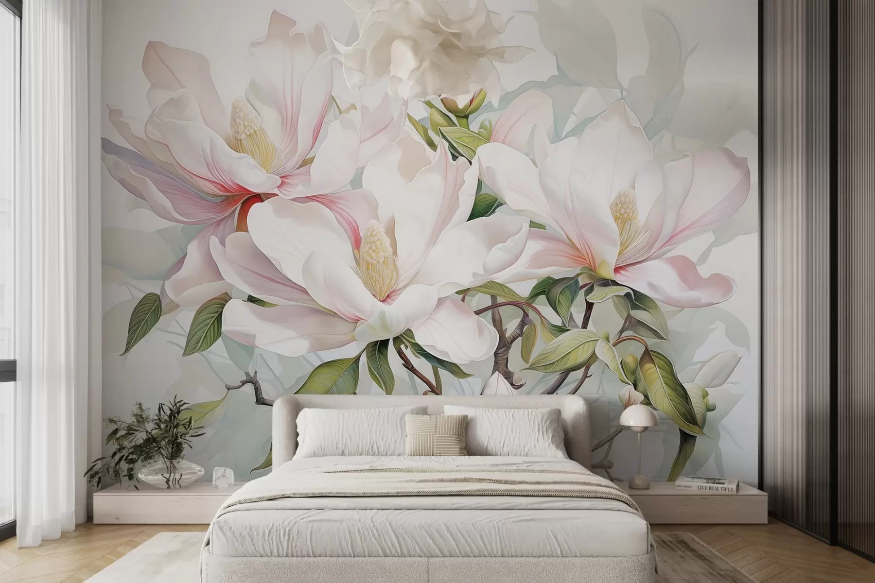 Fototapete Magnolienblüten mit weißen und rosa Blütenblättern, Blättern und braunen Zweigen, weicher und zarter Aquarellstil w08885