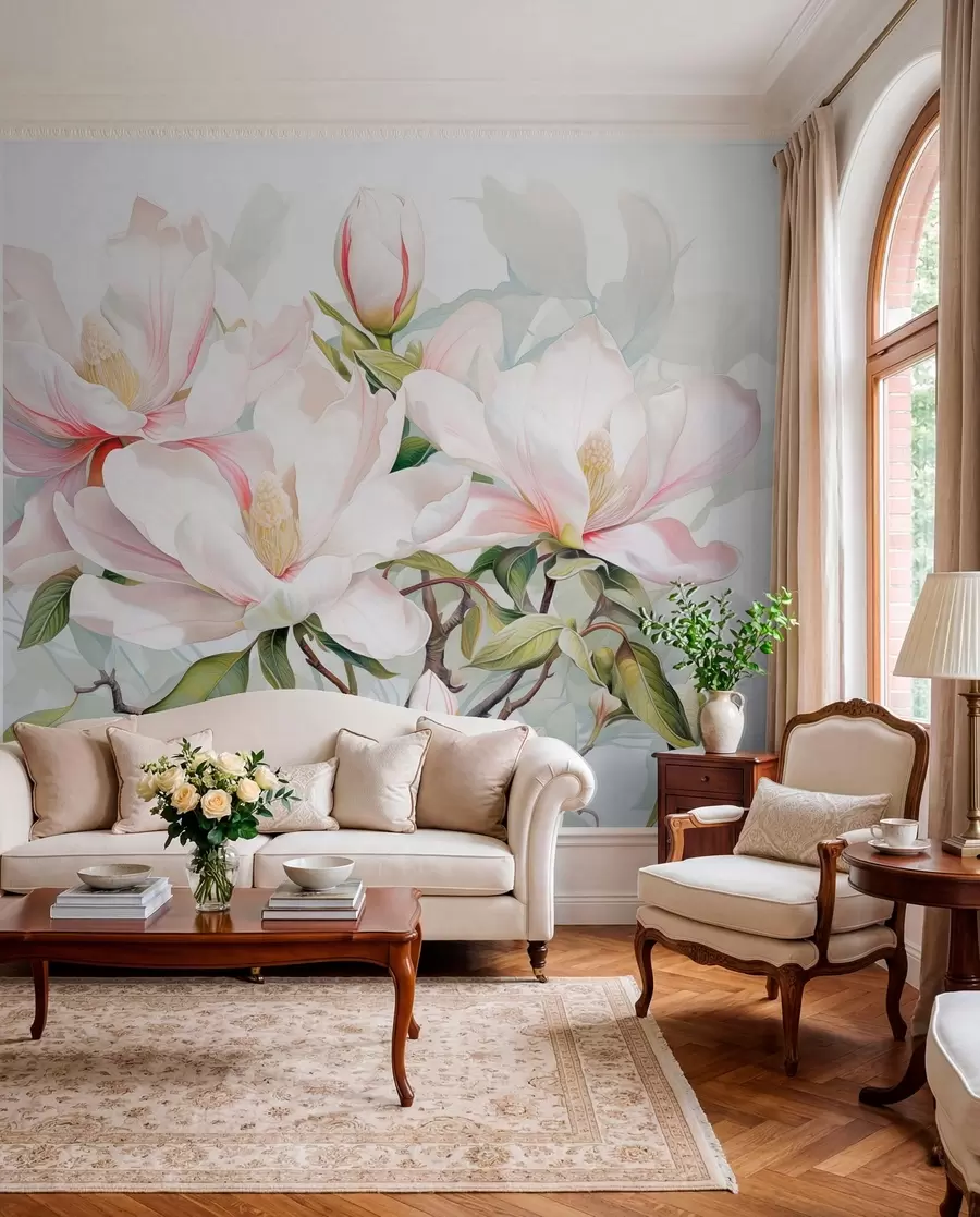 Fototapete Magnolienblüten mit weißen und rosa Blütenblättern, Blättern und braunen Zweigen, weicher und zarter Aquarellstil w08885