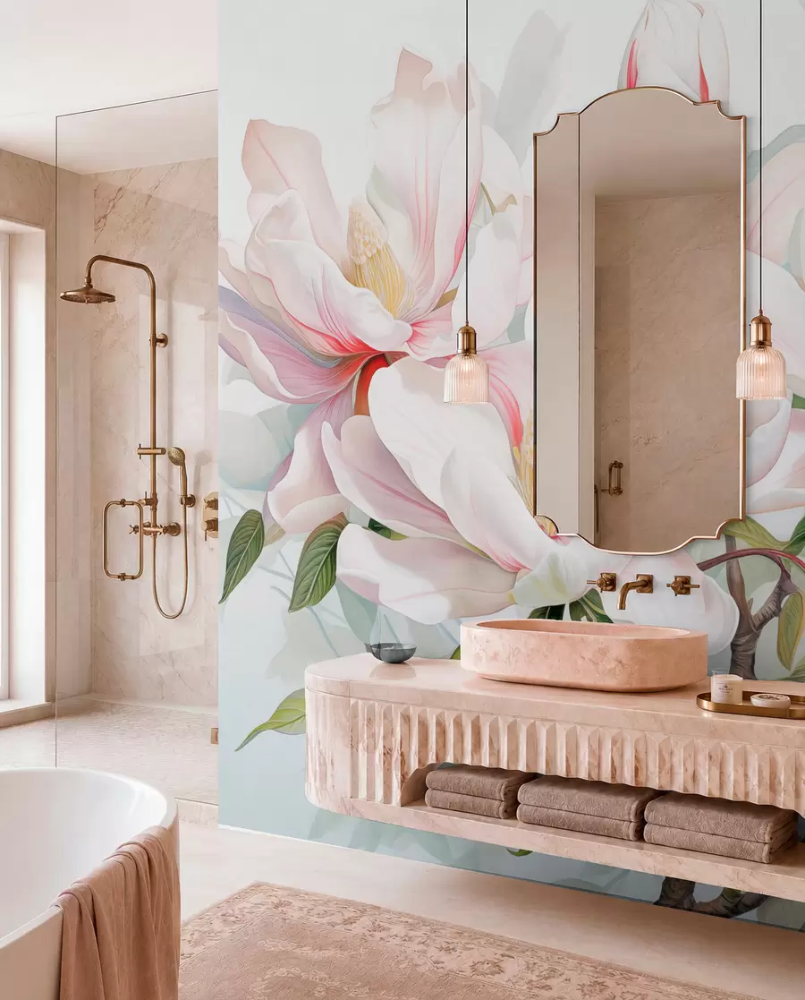 Fototapete Magnolienblüten mit weißen und rosa Blütenblättern, Blättern und braunen Zweigen, weicher und zarter Aquarellstil w08885