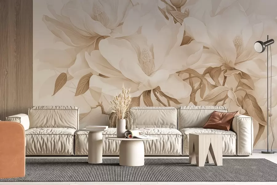Fototapete Magnolienblüten mit weißen und beigen Blütenblättern, Blättern und braunen Zweigen, weicher und zarter Aquarellstil w08886