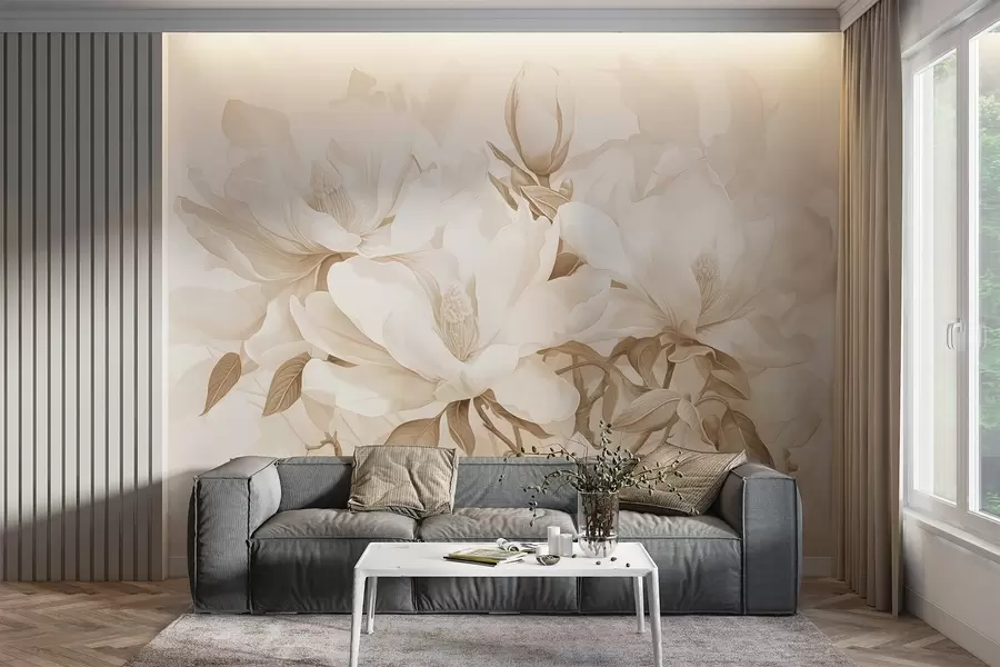 Fototapete Magnolienblüten mit weißen und beigen Blütenblättern, Blättern und braunen Zweigen, weicher und zarter Aquarellstil w08886
