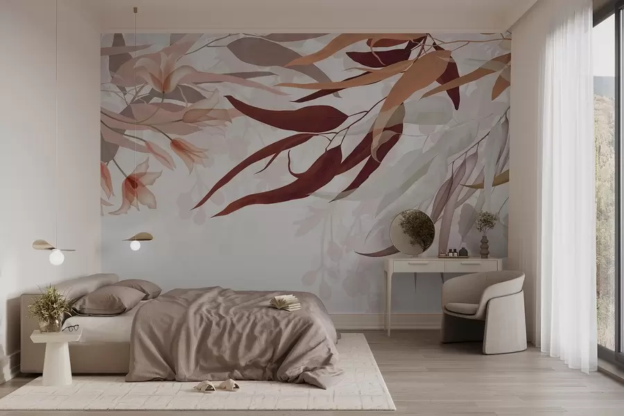 Fototapete Eukalyptusblätter in den Farben bordo, beige und weiß mit zarten Blüten und Zweigen auf weißem Hintergrund w08887