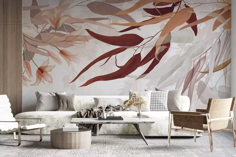 Fototapete Eukalyptusblätter in den Farben bordo, beige und weiß mit zarten Blüten und Zweigen auf weißem Hintergrund w08887