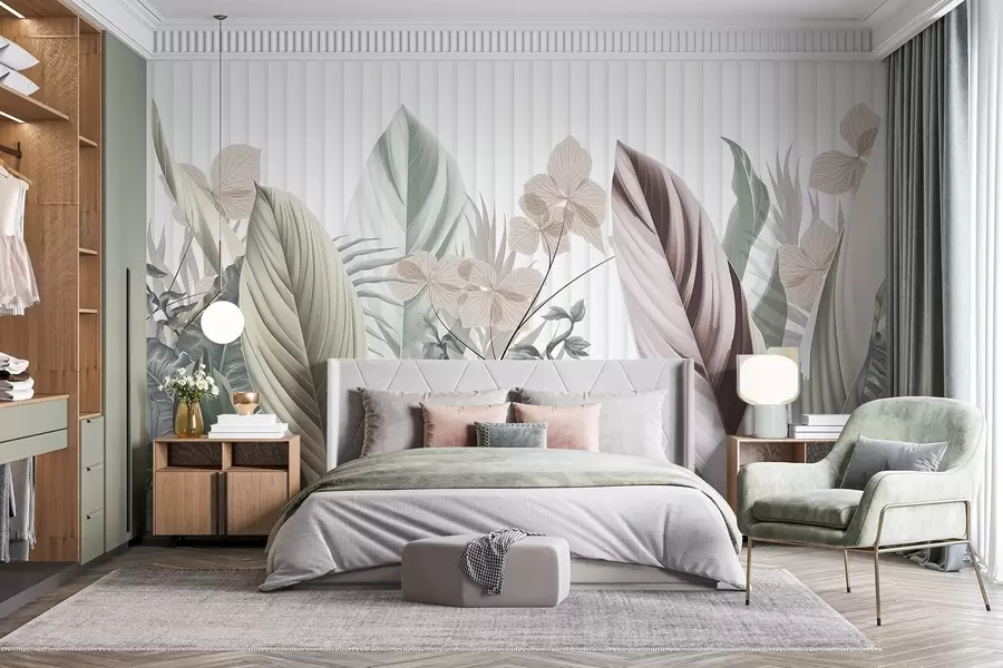 Fototapete Tropische Blätter mit weichen Pastellfarben, hellgrün, hellrosa und hellbraun, vertikale Linien im Hintergrund w08892