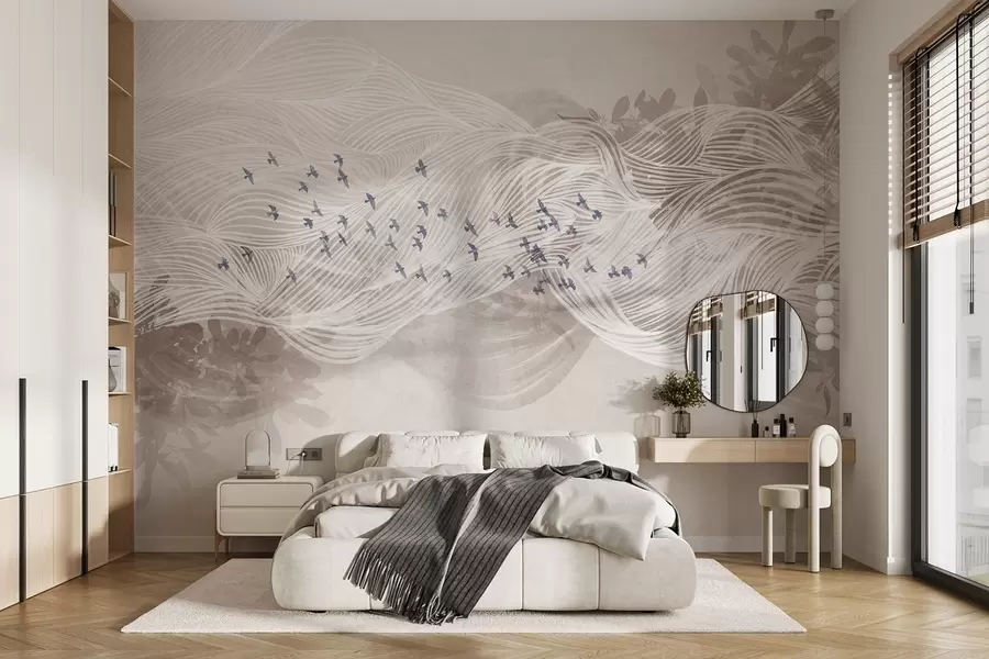 Fototapete Vogelschwarm fliegen über abstrakte Linie Kunst Landschaft texturiert beige Wellen, weiche Farben, minimalistisches Design  w08898
