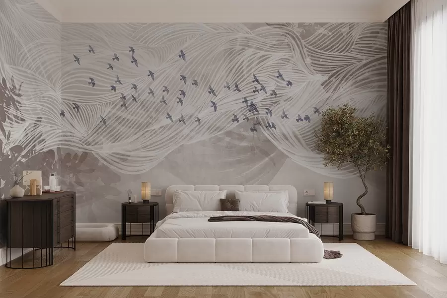 Fototapete Vogelschwarm fliegen über abstrakte Linie Kunst Landschaft texturiert beige Wellen, weiche Farben, minimalistisches Design  w08898