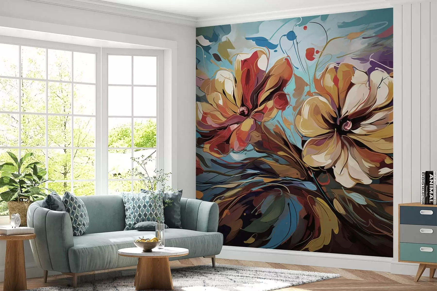 Fototapete Große abstrakte Blumen gelb und orange w08863