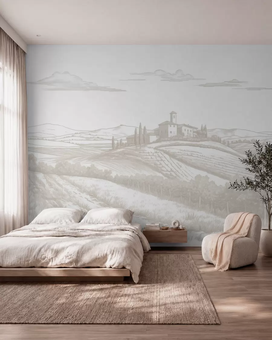 Fototapete Toskana Landschaften, Italien, Weinberge, Natur, alte Burg, beige Farben w03349