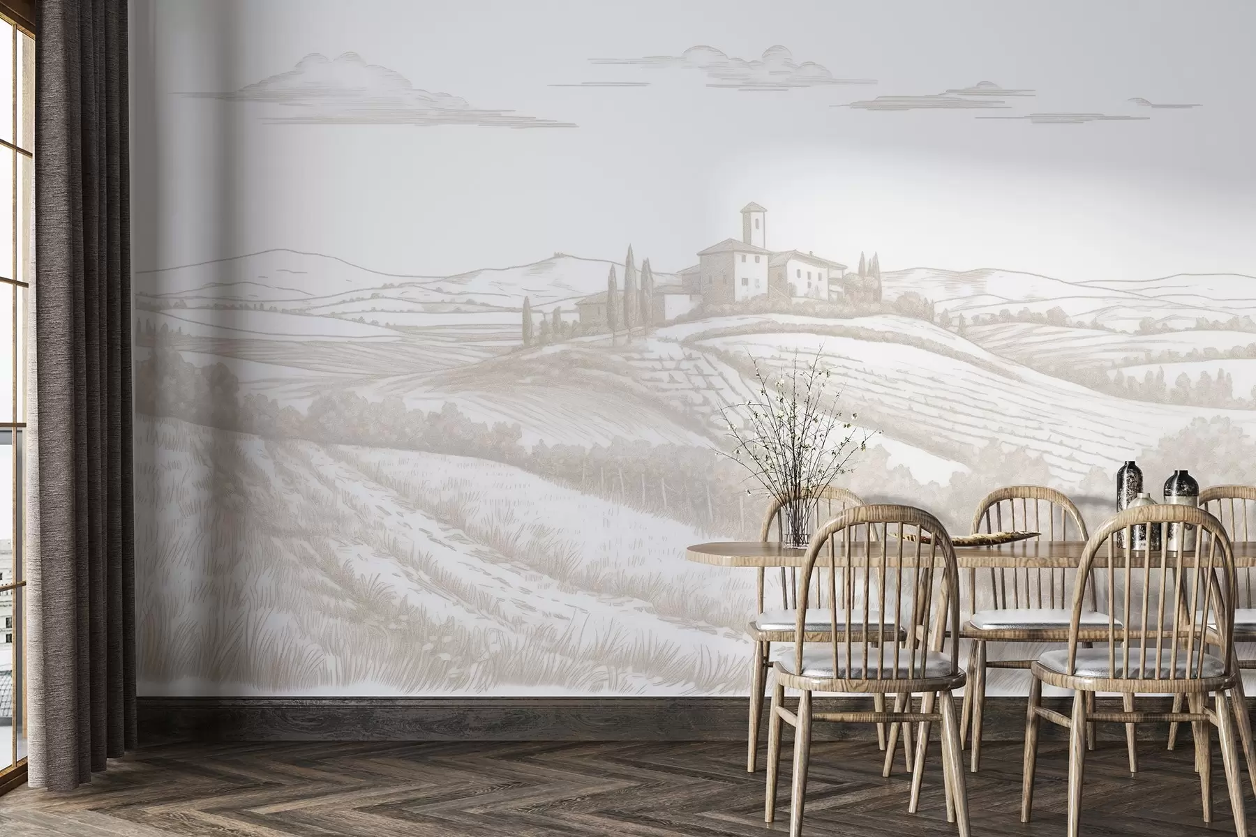 Fototapete Toskana Landschaften, Italien, Weinberge, Natur, alte Burg, beige Farben w03349
