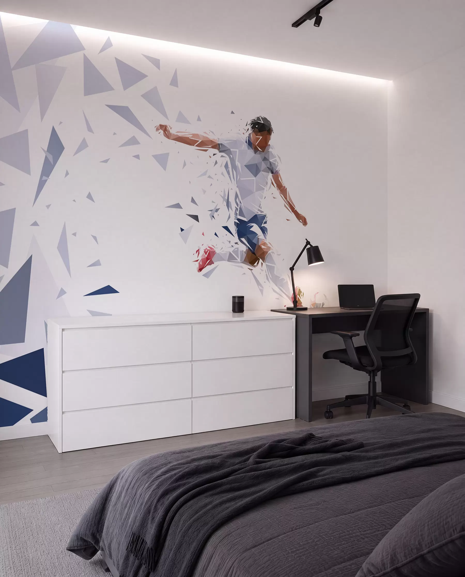 Fototapete Dynamischer Fußballer im Low-Poly-Stil, der den Ball schlägt w03289