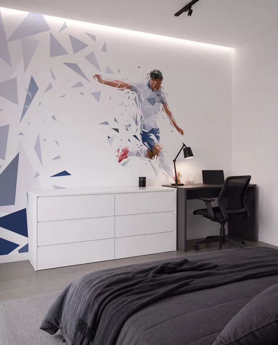 Fototapete Dynamischer Fußballer im Low-Poly-Stil, der den Ball schlägt w03289