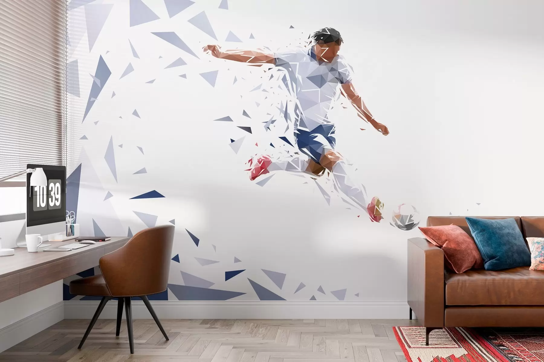 Fototapete Dynamischer Fußballer im Low-Poly-Stil, der den Ball schlägt w03289