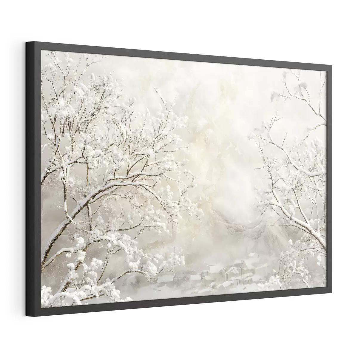 Poster Winterzweige mit Schnee vor dem Hintergrund eines Winterdorfs f43321