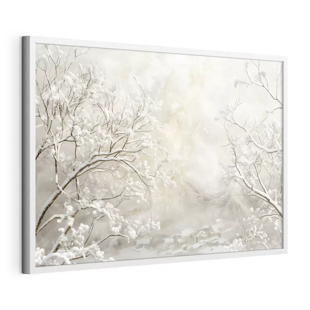 Poster Winterzweige mit Schnee vor dem Hintergrund eines Winterdorfs f43321