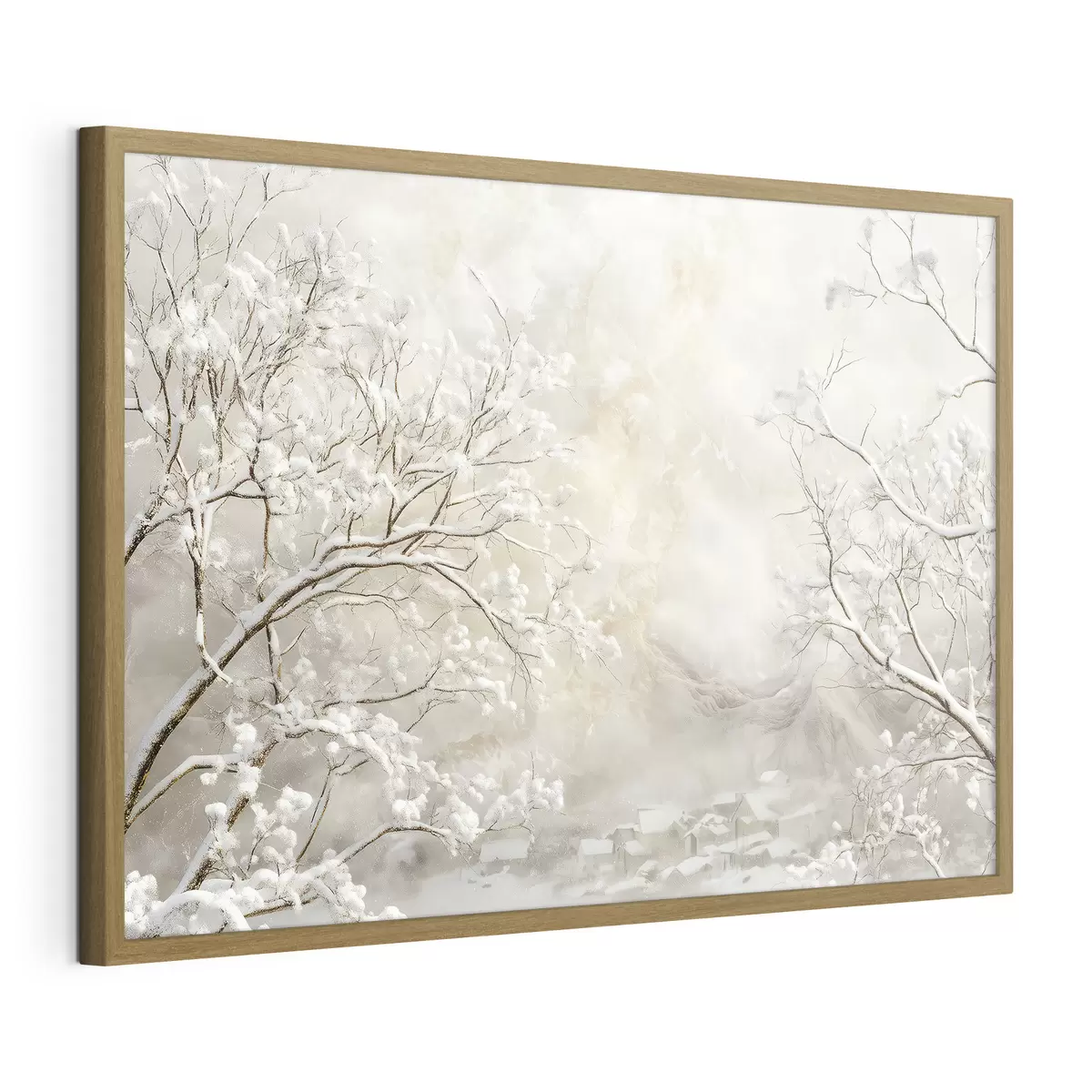 Poster Winterzweige mit Schnee vor dem Hintergrund eines Winterdorfs f43321