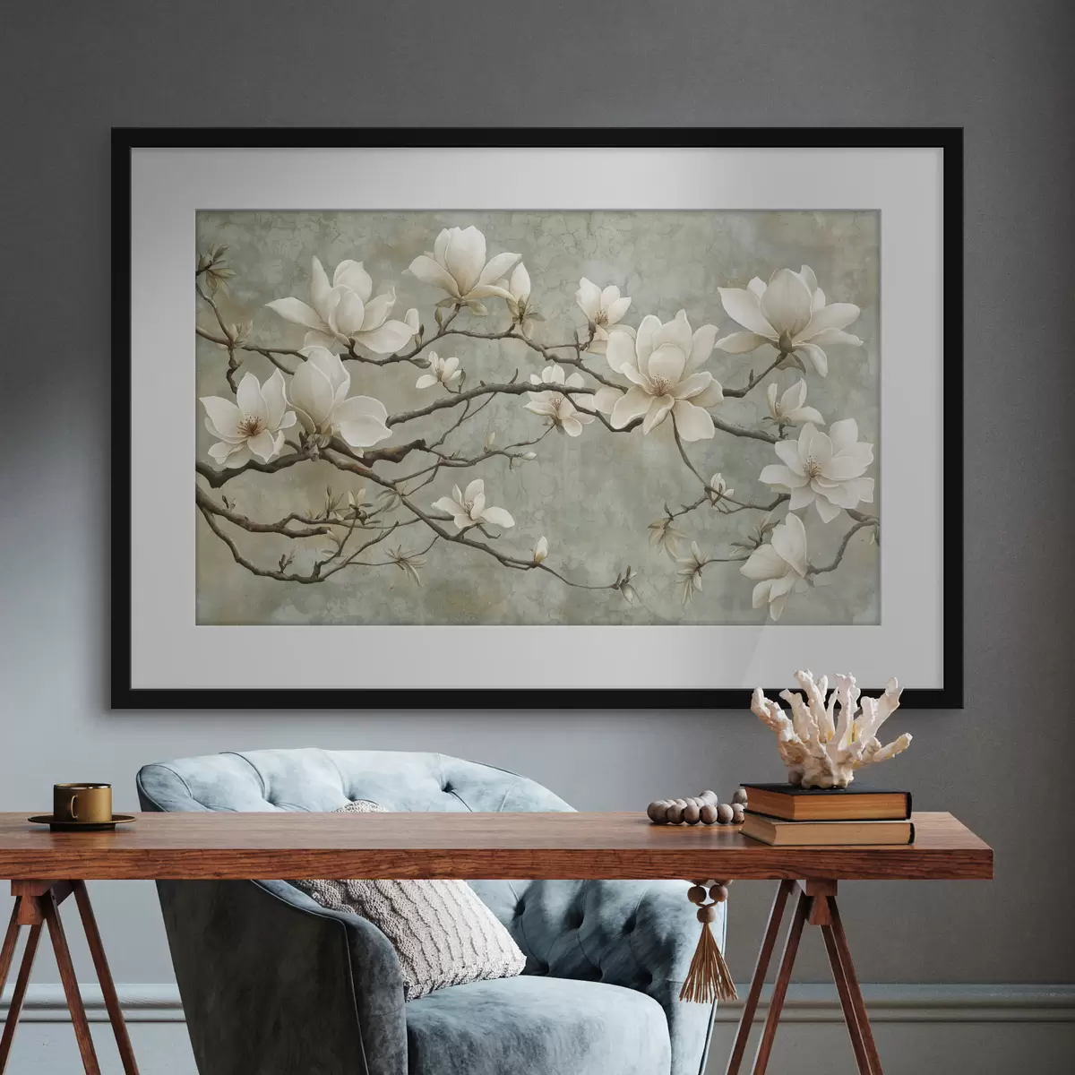 Poster Magnolienzweig auf einem pastellfarbenen Grunge-Hintergrund f43322