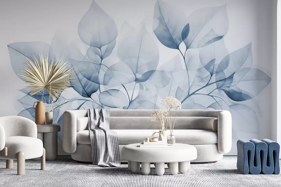 Fototapete Aquarellmalerei von durchscheinenden Blättern in Pastellfarben, mit Schattierungen von Weiß und Blau w08910v1